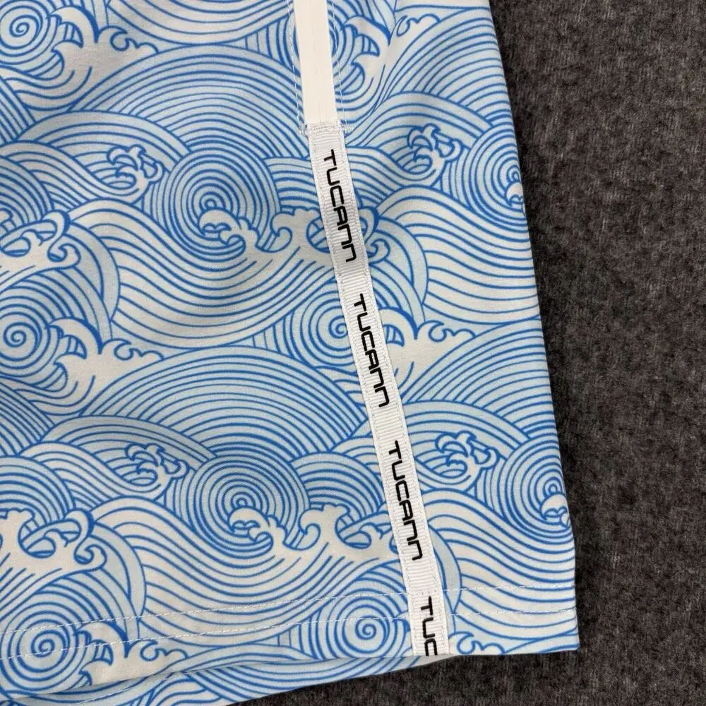 Tucann Swim Trunks Mens Size XL Blue Print Wave Swim Shorts Lined Zip Pocket